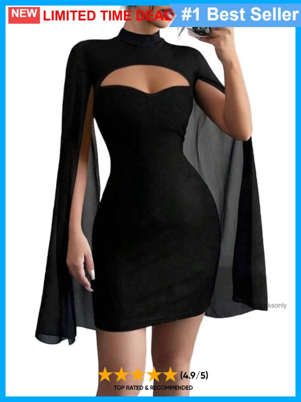 Mock Neck Cape Sleeve Bodycon Mini Dress Keyhole Cutout Cocktail Party